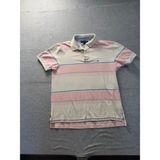 Tommy Hilfiger Mens Large Pink Blue White Striped Short Sleeve Cotton Polo Shirt