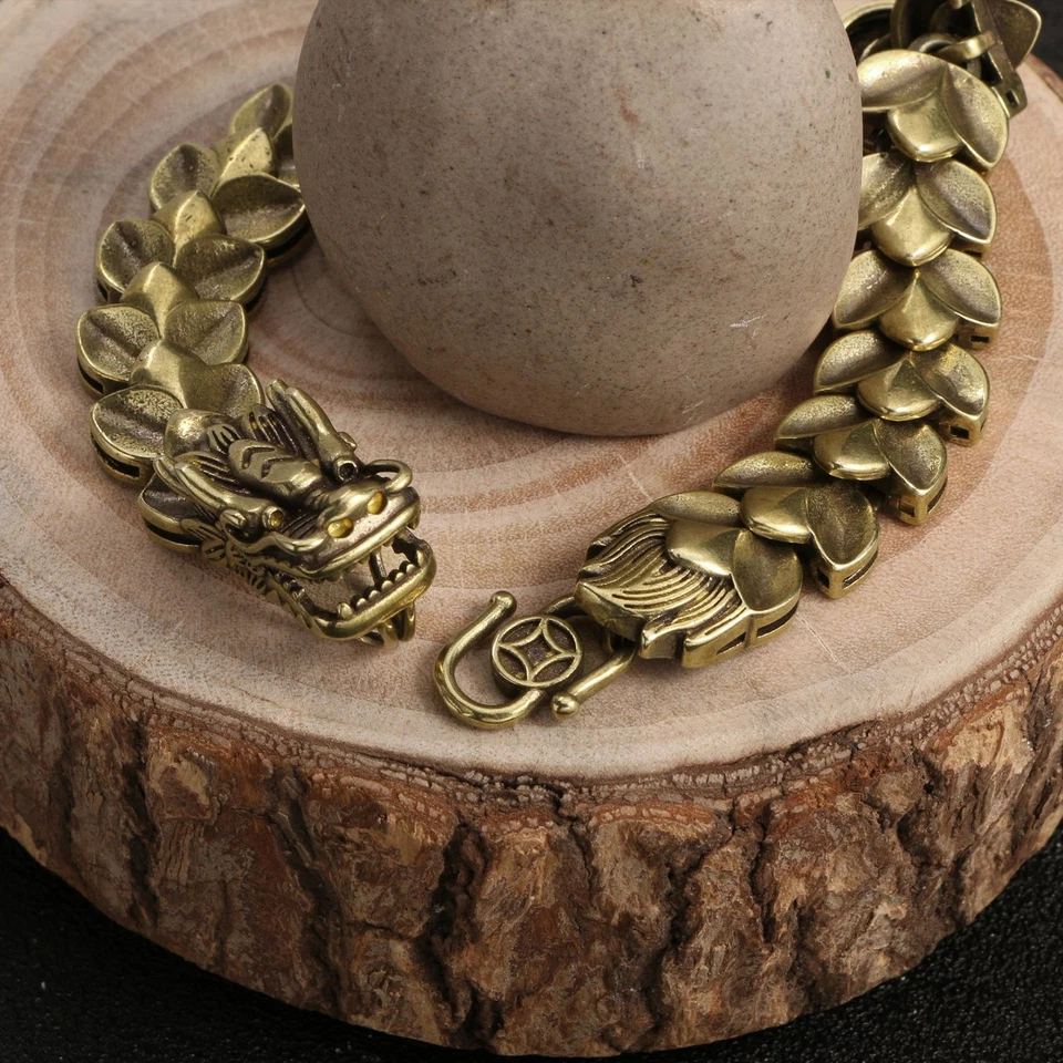 Pulsera Cabeza de Dragón Bronce Antiguo Antiguo Artesanía Zodiaco Dragón Latón Foto 3 de 4