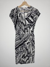 Chicos Women Dress Black White Print Faux Wrap V neck Stretch Size 0 (Small)