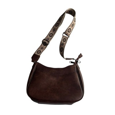Aphison Dark Brown Faux Leather Satchel With Patterned Adjustable Strap