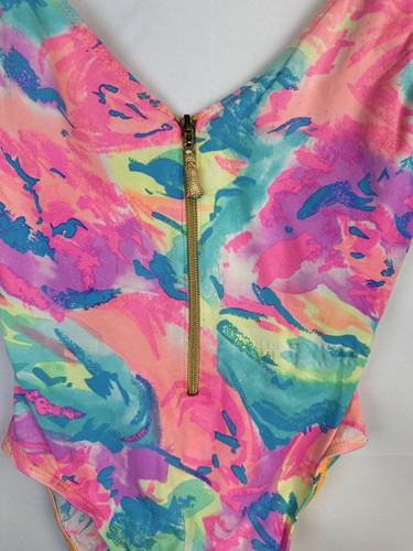 Vintage Sessa Neon Abstract Zip Front One Piece Swimsuit 80s 90s High Cut Small - Picture 6 of 15