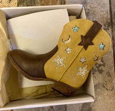 Rollda Girls Yellow & Brown Glitter Moon & Stars Cowboy Cowgirl Kids Boots Sz 11