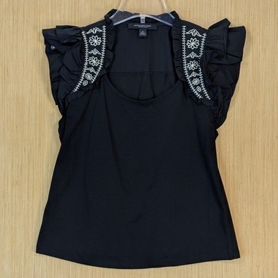 Womens Black Ruffle Floral Embroidered Top Medium Preppy Career Dark Academia