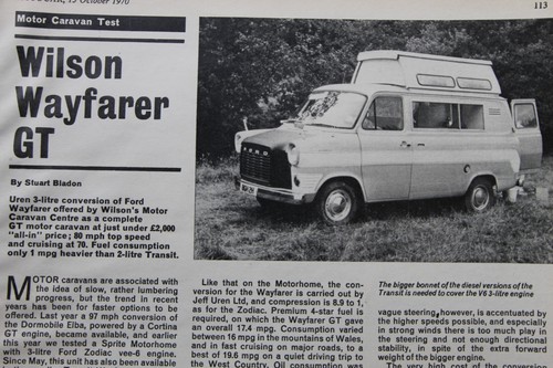 Original 1970 Autocar extracted article: FORD TRANSIT WAYFARER GT motor caravan