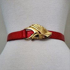 Vintage 1960 70 Boho Exotic Brass buckle Embossed red Leather wide festival Belt Vintage 1960 70 Boho Exotic Brass buckle Embossed red  main image 4