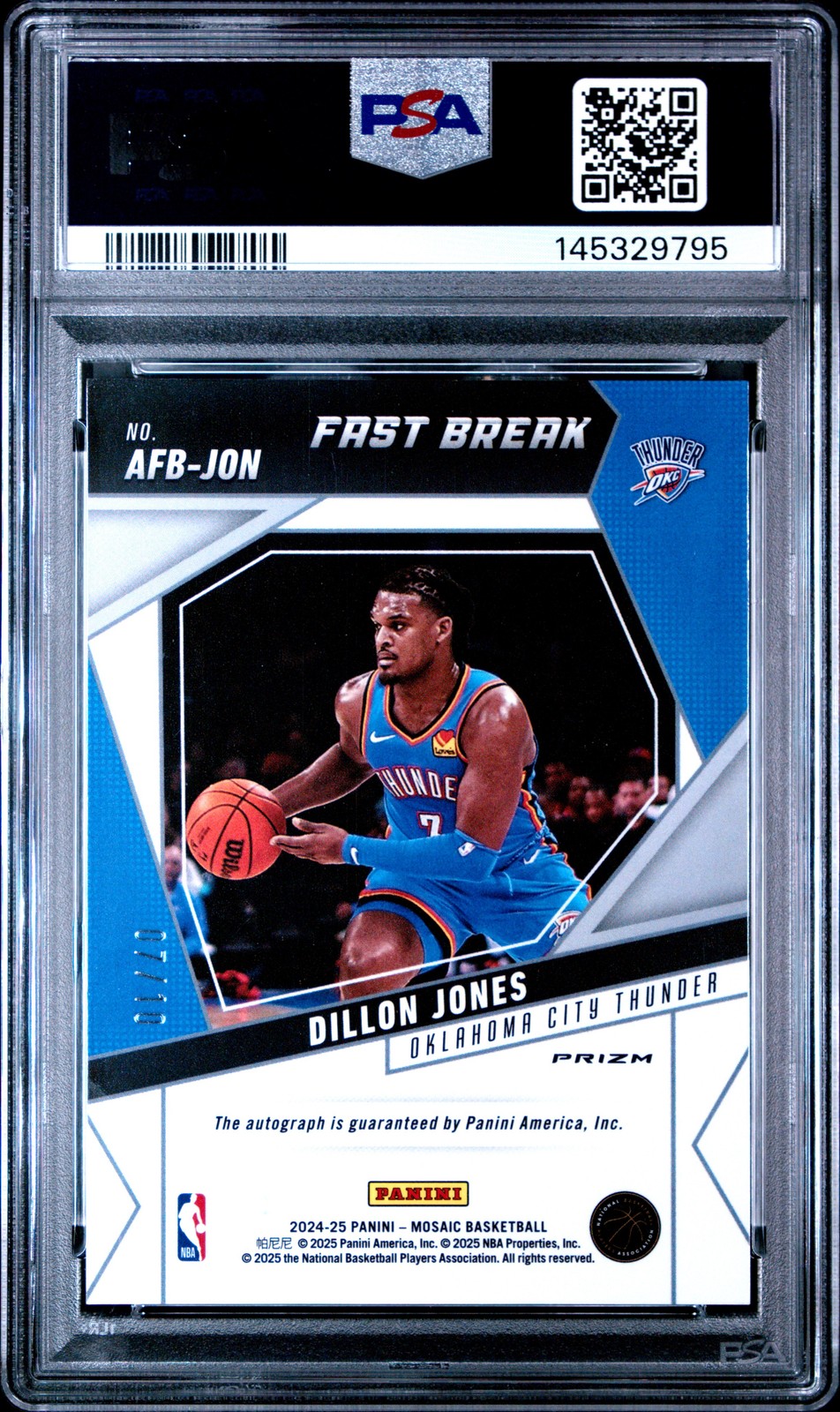 2024 PANINI MOSAIC FAST BREAK AUTO GOLD #AFBJON DILLON JONES ROOKIE 7/10 PSA 10 view 2
