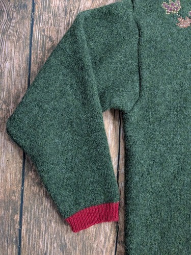 Vintage Equorian Hand Knit Cardigan 100% Shetland Wool Green Floral Womens Large - Picture 4 of 14