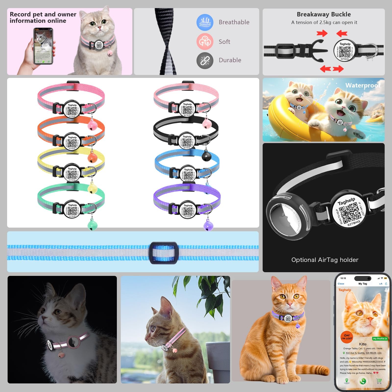 6 Pack QR Code Cat Collar - Breakaway Reflective Collars with Bell & Online I...