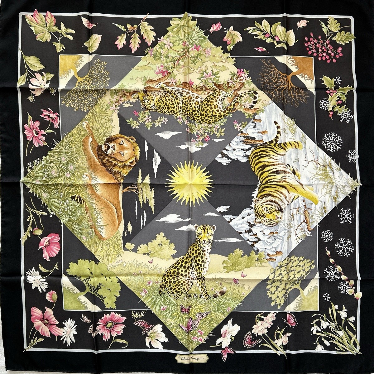 Salvatore Ferragamo Animal & Floral Print Silk Scarf w/Box