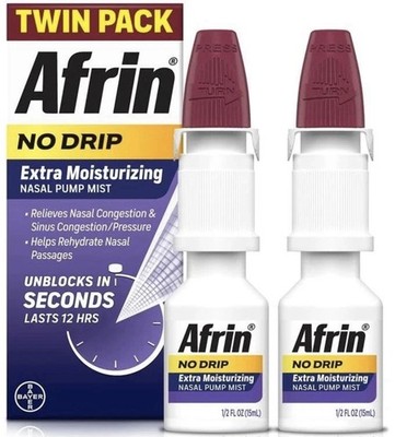 2 Afrin No Drip Extra Moisturizing Nasal Pump Spray 12 Hr Relief 15 mL Twin Pack
