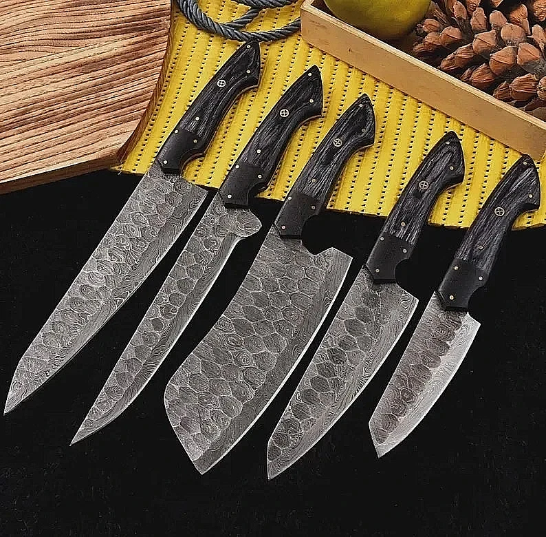 Damascus Steel Chef Knives – 5-Piece Set, Black Pakka Wood Handles
