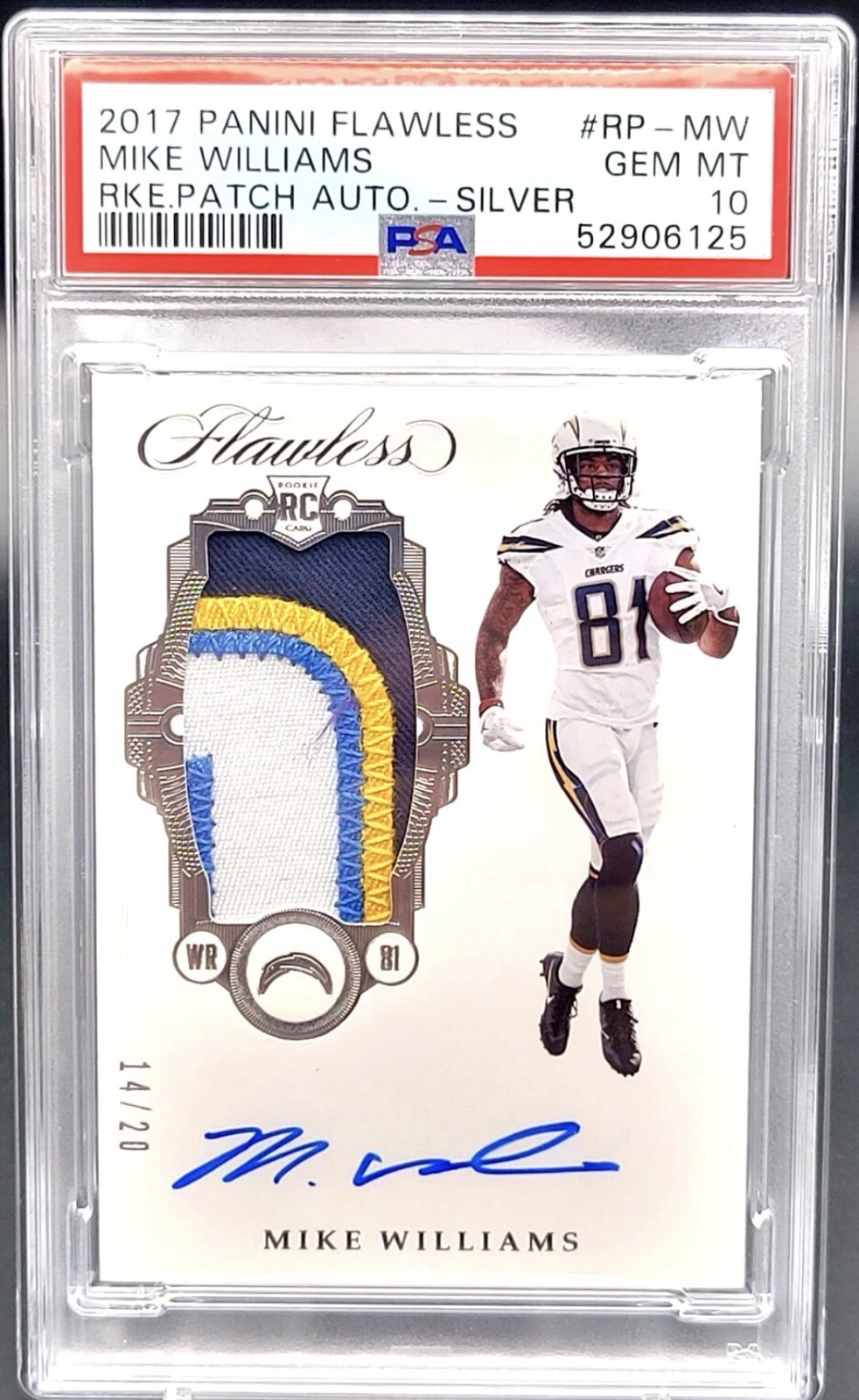 2017 Panini Flawless Mike Williams Rookie Patch Auto Silver 14/20 PSA 10 POP 1