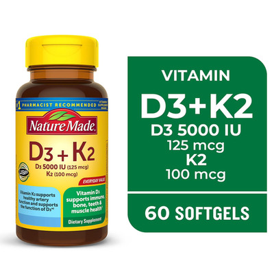 Vitamin D3 K2 5000 IU 125mcg Softgels Dietary Supplement 60 Count