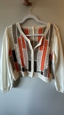 CONCEPTS Crochet Geometric Button-Up Blouse Ivory Orange Brown Long Sleeve