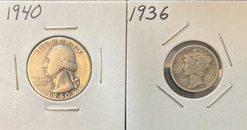 1940 Washington Quarter and 1936 Mercury Dime 90% Silver