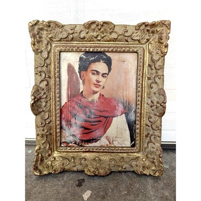 Frida Kahlo Portrait Mixed Media Small Art Work on Canvas Gold Framed Distressed