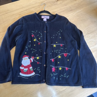 Star Blue Originals Studio Sweater Christmas Embroidered Santa Stars Hearts SZ L