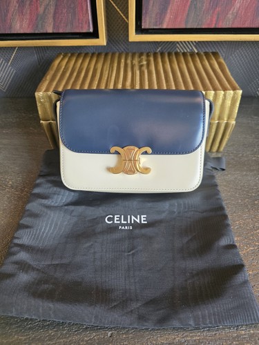 Celine Nano Triomphe Bag in Shiny Calfskin – Navy Blue/Vanilla