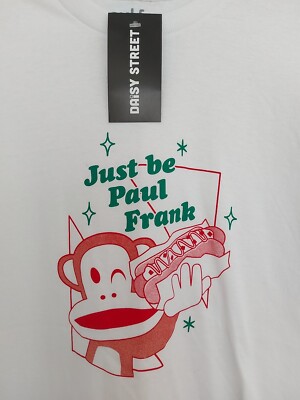 Brandneu mit Etikett Paul Frank x Daisy Street weißes Hotdog Grafik T-Shirt Affe Größe Small