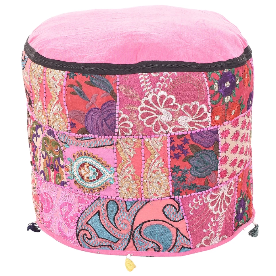 Indian Handmade Vintage Pouf Cover Ottoman Patchwork Pouf Embroidered Stool - Image 3 of 3