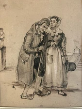 Très Beau Dessin Encre Sur Papier Personage Chapeau Femme Homme Art 1900 Ancien