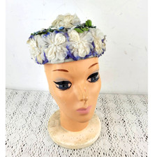 Vintage 1950s / 1960s Blue White Floral Flowers Church Fancy Wedding Pillbox Hat