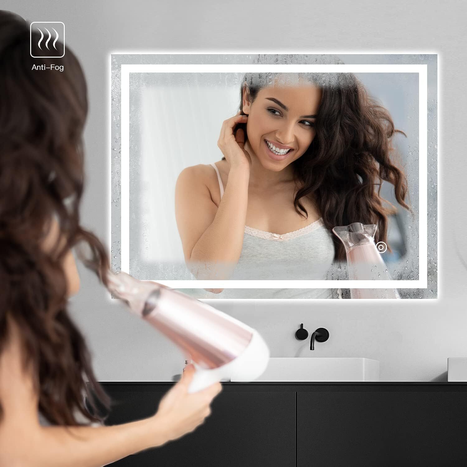 DR.LUX Specchio da bagno con luci, 81 x 61 cm, specchio da bagno a LED ultra luminoso da parete, grande area anti-appannamento, 3000 K-6000 K, regolabile, spegnimento automatico, memoria regalo di