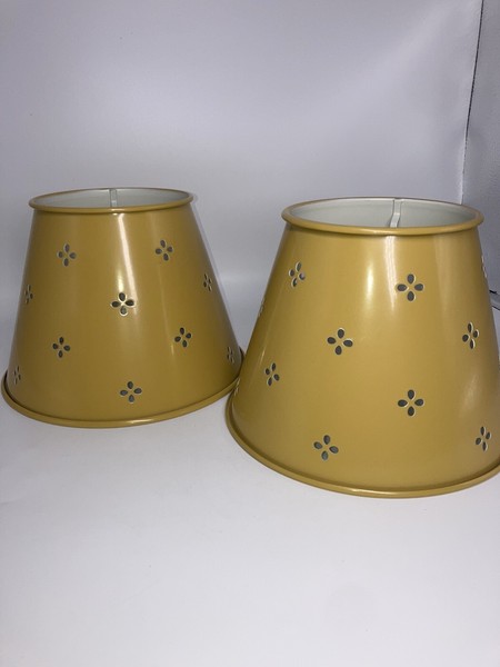 Vintage Enamel Lamp Shades Metal Mustard Yellow Set 2 Gorgeous 