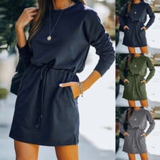 Women Solid Long Sleeve Shirt Dress Fall Casual Round Neck Drawstring Mini Dress