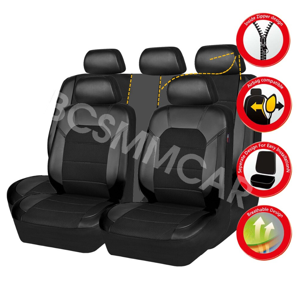 9Pcs Full Set Splicing PU Leather Car Seat Covers Automobile Seat Protector