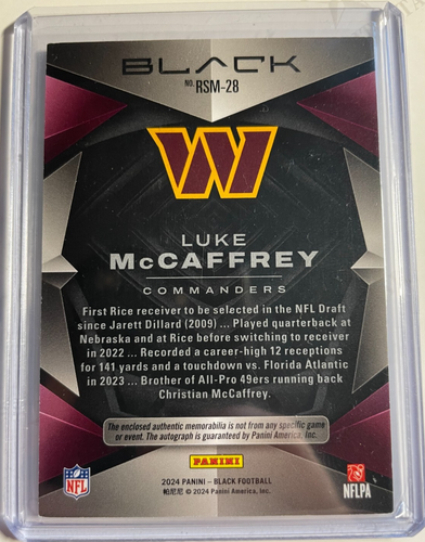 Luke McCAFFREY 2024 PANINI BLACK ROOKIE DUAL PATCH AUTOGRAPH #02/75 COMMANDERS! - Bild 2 von 2