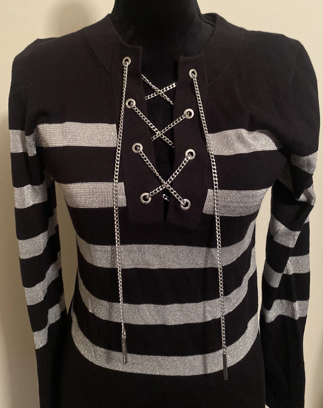 Michael Kors donna a righe nero argento dettaglio catena croce taglia MEDIA nuovo senza etichette