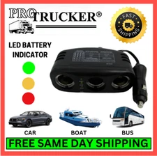 12 Volt 3-Way Splitter Cigarette Lighter Plug Car Accessory Outlet + LED Rings