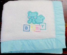 Vtg Cuddle Time ST Designs Baby Blanket Bear Wht Fleecy Blue Satin Binding As Is