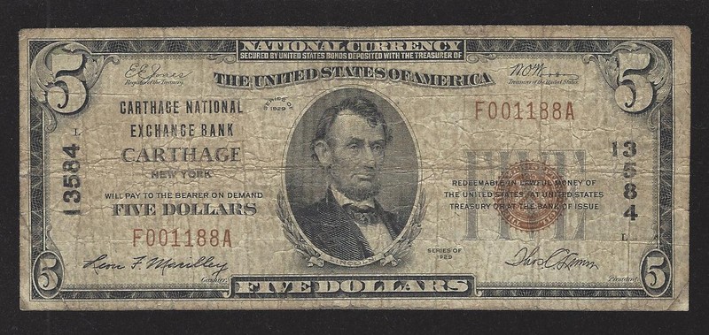 Carthage, New York, Charter #13584, $5.00, 1929 T-1, VG/F, 20 Notes Reported!