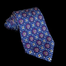 Altea Milano Mens Silk Neck Tie Italy Blue Pink Geometric Squares Circles