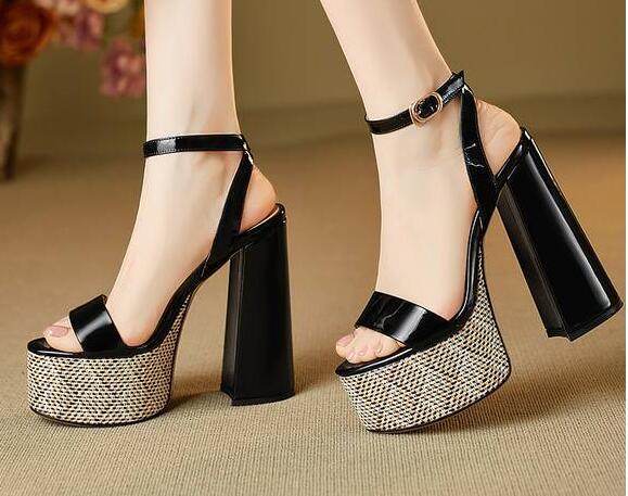 Women's Platform Stripe High Block Heels Leather Slingback Sandals Party Shoes