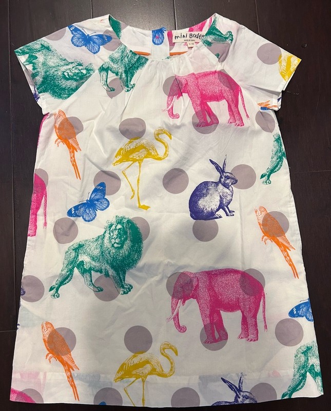 NWOT Mini Boden Large Animals Polka Dots Dress 3-4y