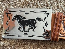Vintage Chambers hand tooled leather belt w-running horse buckle Small/34