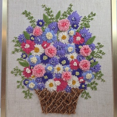 Vntg Framed Crewel Needlework Yarn Art Flower Basket Spring Pastel 17.5'' x 13''