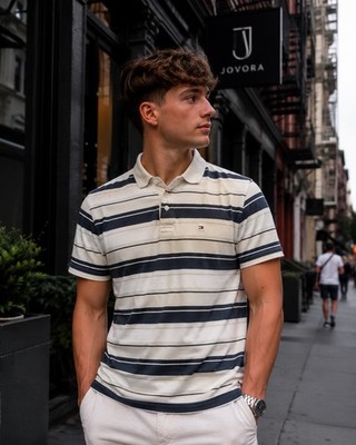 Tommy Hilfiger Striped Polo Shirt Navy White  Small Flag Logo - XXL