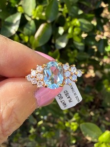 Authentic 14K YELLOW GOLD PLATED AQUA BLUE GLASS CRYSTAL CZ COCKTAIL RING BRAND W/TAG