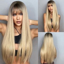 Blonde Wig With Bangs Long Straight Blonde Wigs for Women 26 Inch Ombre Wig D...