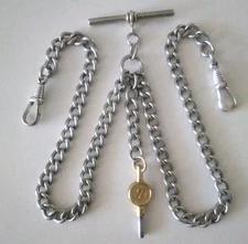 Vintage Double Albert Pocket Watch Chain & Key 32.8g curb link silver plated?