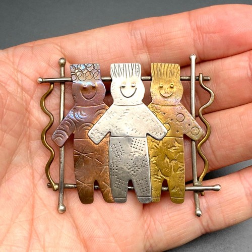 Vintage Roggio Happy People Mixed Metal Sterling Silver Coper Pin Brooch