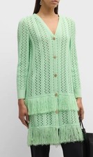 Misook Green Pointelle Cable Knit Fringe Trim Jacket Cardigan Sweater Sz M