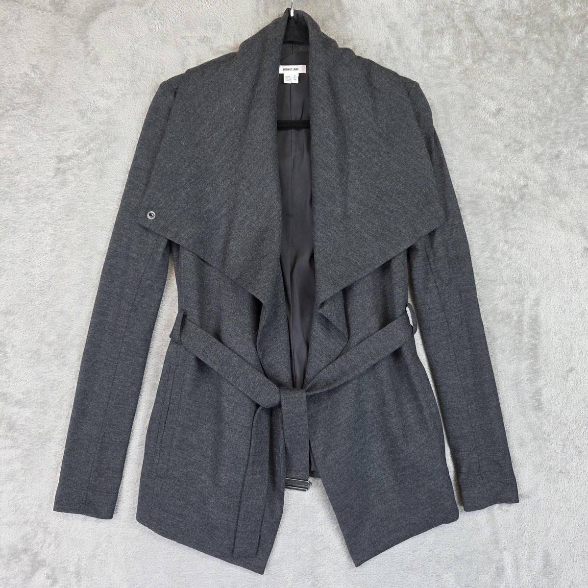 Helmut Lang Jacket Womens XS Gray Wool Belted Waterfall USA Open