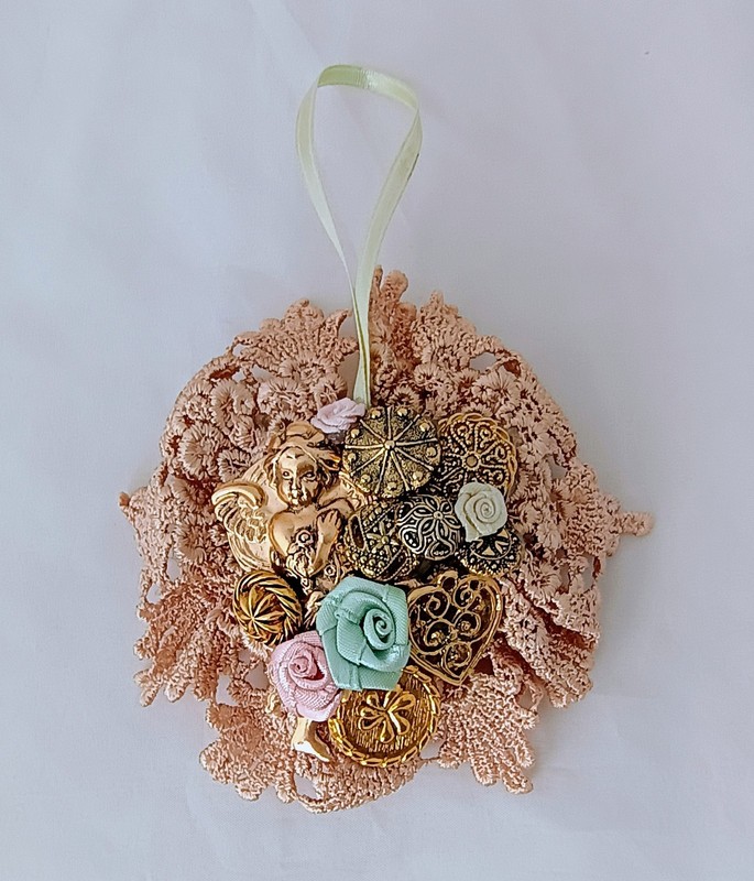 Vintage Style Handmade Button Heart Ornament Victorian Lace Cupid Angel 4"x5"