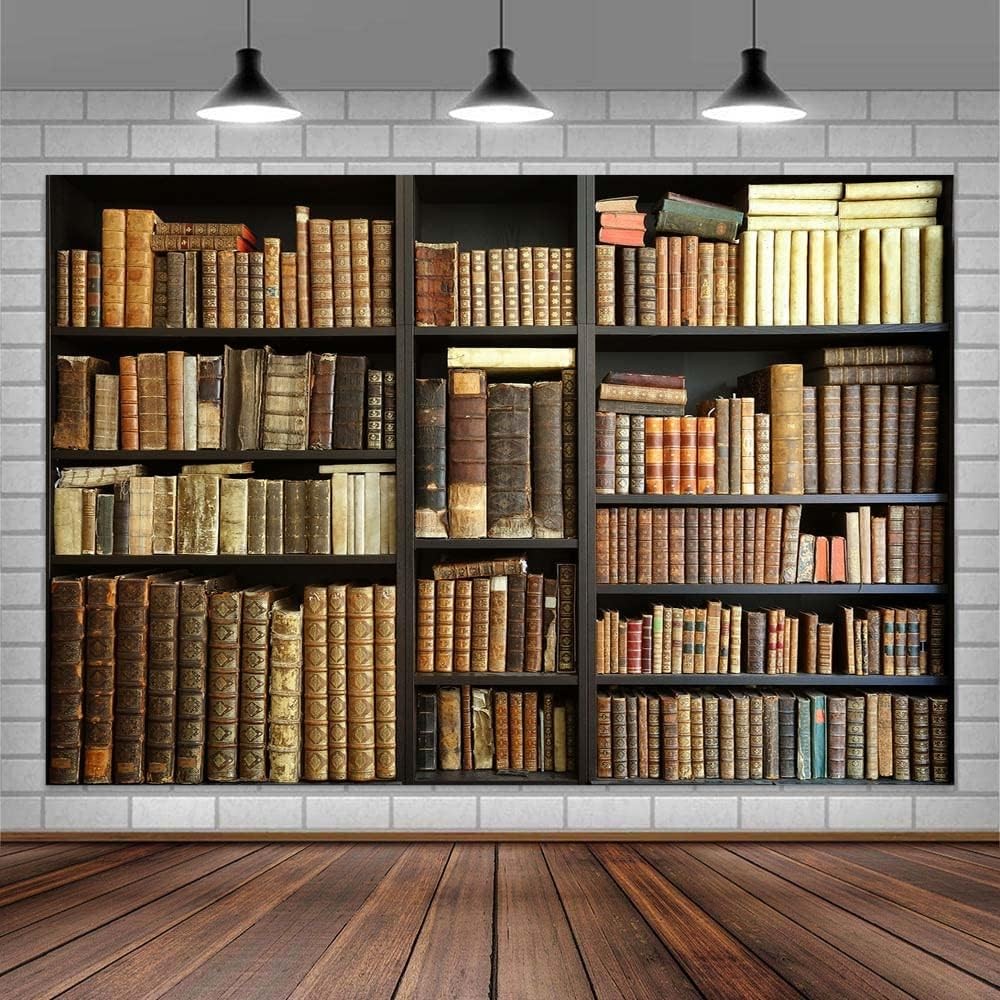 7X5FT Brown Bookshelf Backdrop Library Modern Retro Bookcase 7X5FT, 