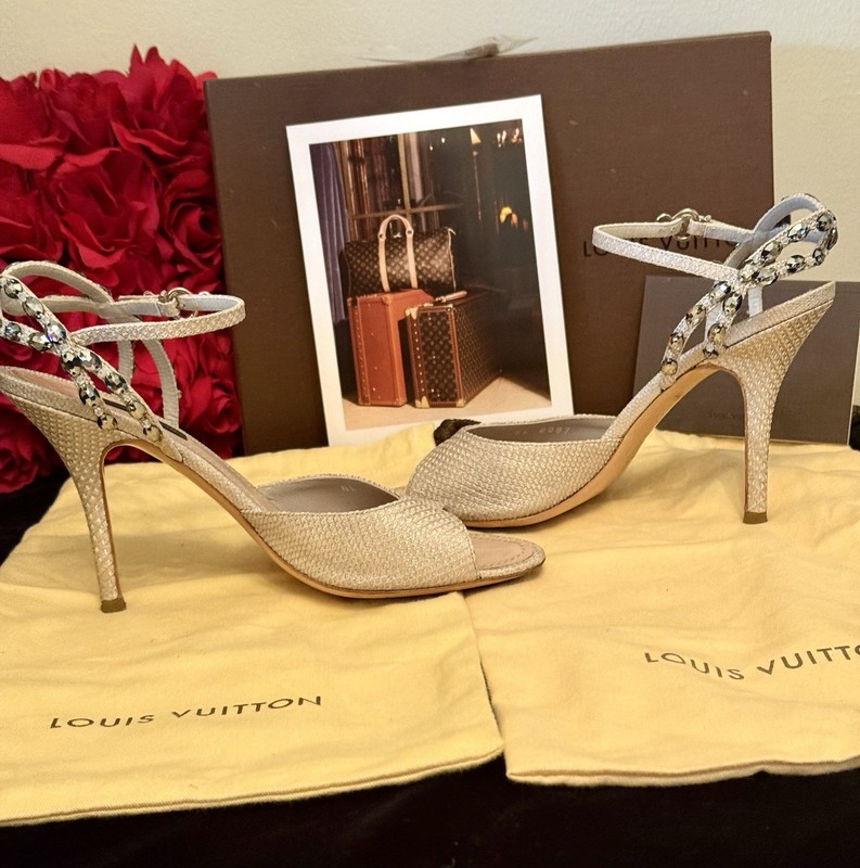 Louis Vuitton Crystal Embellished Metallic Heels w/ COA Receipt Box Dust Bags